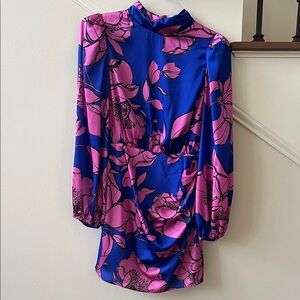 Lavender Brown Blue & Pink Floral High-Neck Mini Dress